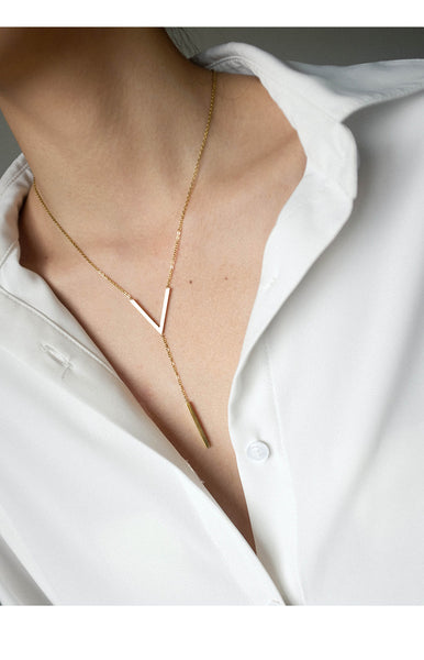 UZL DESIGN V NECKLACE WITH BAR DROP IN GOLD PLATE - boopdo