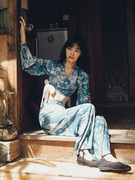SINCE THEN HIGH NECK TIE SIDE CROP TOP WITH WIDE LEG TROUSERS IN FLORAL PRINT - boopdo