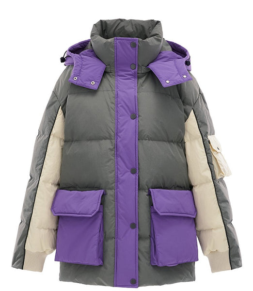 PEACE BIRD COLOR BLOCK PADDED COAT WITH GREY AND PURPLE - boopdo