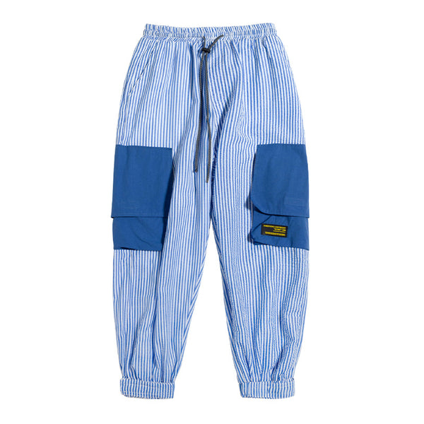 KIKO GORLA STRIPED SEERSUCKER CASUAL JOGGER PANTS IN BLUE - boopdo