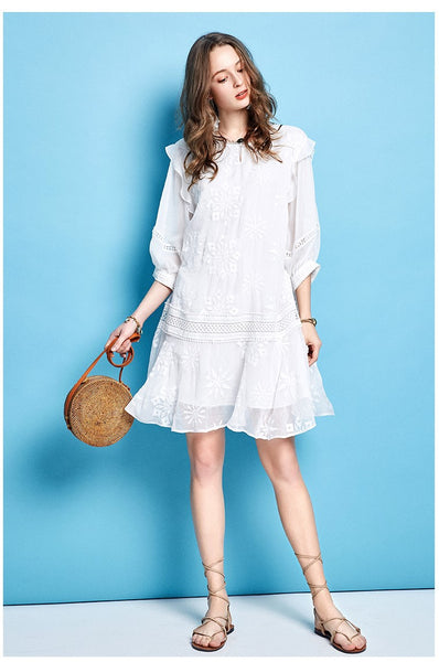 ARTKA EMBROIDERY MINI SMOCK DRESS WITH FRILL SLEEVE - boopdo