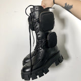 JESSY MARIA BRITISH STYLE CHUNKY PLATFORM LEATHER BOOTS WITH STRAP POCKET IN BLACK - boopdo