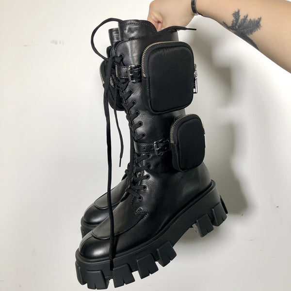 JESSY MARIA BRITISH STYLE CHUNKY PLATFORM LEATHER BOOTS WITH STRAP POCKET IN BLACK - boopdo