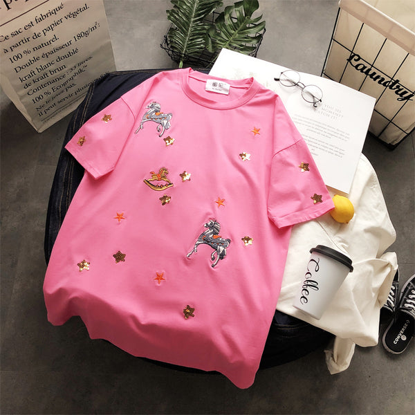 BOOPDO DESIGN SEQUIN STAR AND HORSE EMBROIDERY LONGLINE T SHIRT - boopdo