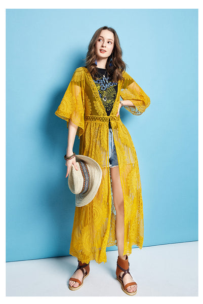 ARTKA EMBROIDERED BEACH KAFTAN IN MUSTARD - boopdo