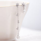 SILVER OF LIFE 925 SNOW FLAKE AND PEARLS EARRINGS IN ASYMMETRIC DESIGN - boopdo