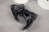 KUQIZA ZUMBALO BUCKLED LEATHER ANKLE BOOTS IN BLACK WITH CHAIN - boopdo