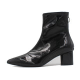 LUXE SEVEN DESIGN ZIP BACK ANKLE BOOTS IN BLACK PATENT - boopdo