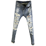 WHITE BLACK CHECKER PATCHWORK AMR WASHED DENIM BLUE JEAN PANTS IN LIGHT BLUE - boopdo
