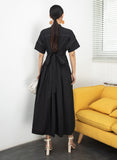 VERRAGE MIDI TEA DRESS WITH FULL SKIRT AND TIE BACK IN BLACK - boopdo