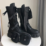 JESSY MARIA BRITISH STYLE CHUNKY PLATFORM LEATHER BOOTS WITH STRAP POCKET IN BLACK - boopdo