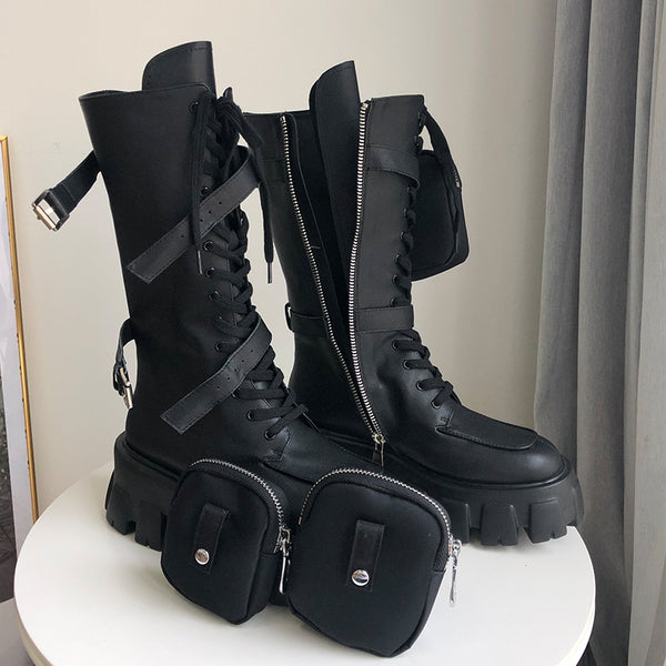 JESSY MARIA BRITISH STYLE CHUNKY PLATFORM LEATHER BOOTS WITH STRAP POCKET IN BLACK - boopdo