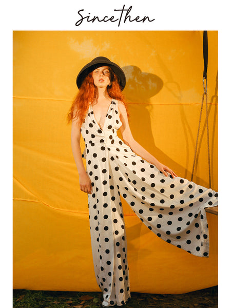 SINCE THEN BUTTON FRONT WIDE LEG JUMPSUIT IN POLKA DOT PRINT - boopdo