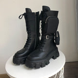 JESSY MARIA BRITISH STYLE CHUNKY PLATFORM LEATHER BOOTS WITH STRAP POCKET IN BLACK - boopdo
