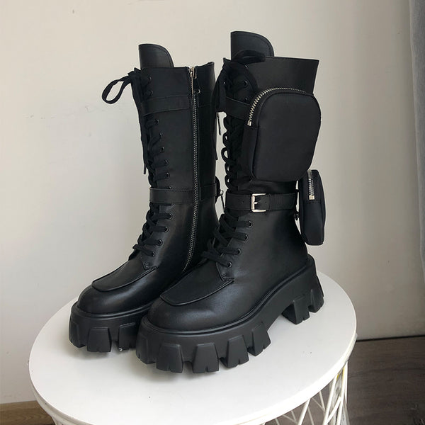 JESSY MARIA BRITISH STYLE CHUNKY PLATFORM LEATHER BOOTS WITH STRAP POCKET IN BLACK - boopdo