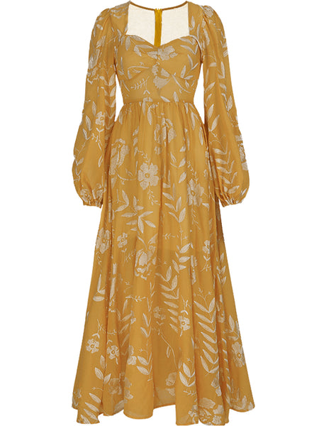 SINCE THEN SWEETHEART NECKLINE EMBROIDERED MAXI DRESS IN YELLOW - boopdo