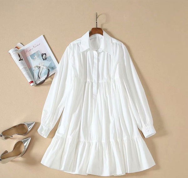 BBL DESIGN TIERED MINI SMOCK SHIRT DRESS IN WHITE - boopdo