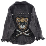 KUZPO DENYA GANGSTER BEAR SEQUIN DENIM JEAN JACKET WITH RHINESTONE - boopdo