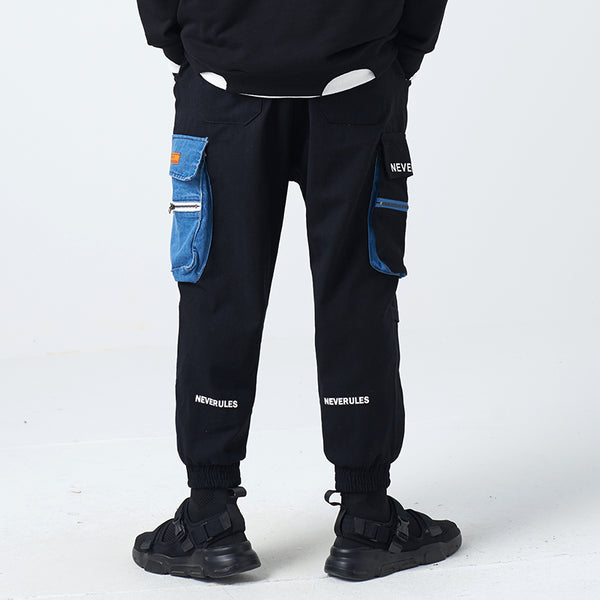 STONE TREX THE NEVER RULES DENIM STITCHED CARGO POCKET SWEATPANTS IN BLACK - boopdo