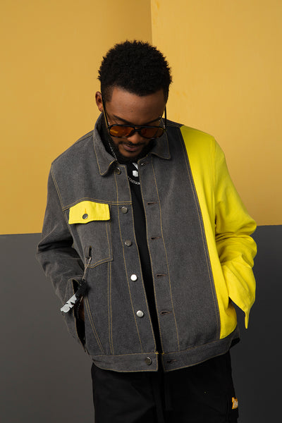 NFWYS METEORITE RIPPED DENIM JEAN JACKET IN YELLOW GRAY - boopdo