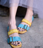 ARTMU COLOR BLOCK BUCKLE DETAIL FLAT SANDALS IN BLUE YELLOW - boopdo