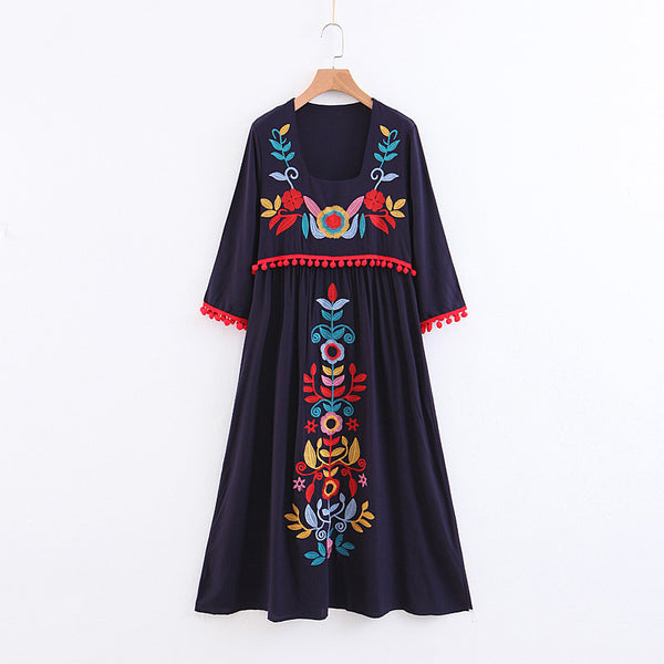 BOHEMIAN HIPSTER FLOWER EMBROIDERED VACATION DRESS - boopdo