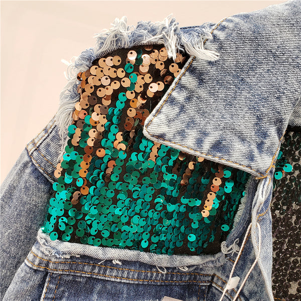 MONICA DIZO HANDMADE RIPPED DENIM JEAN WOMEN JACKET WITH SEQUINS - boopdo