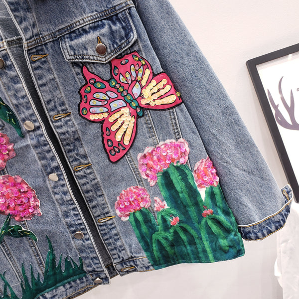 KEAN DENYA GANGO HANDMADE FLOWER BUTTERFLY EMBROIDERED DENIM JEAN COAT - boopdo