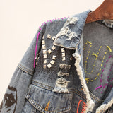 ALEYA NOIR GRAFFITI ARTWORK DENIM JEAN JACKET WITH RIVETS - boopdo