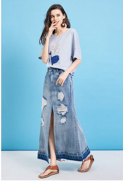 ARTKA SPLIT FRONT DENIM MAXI SKIRT WITH CONTRAST PANELS - boopdo