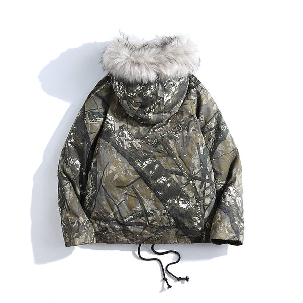 ZAZU PARKAS FAUX FUR COLLAR COTTON MOUNTAIN PRINT HOODED JACKET IN CAMO - boopdo