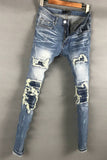 AMR LUXURY DESIGN RIPPED TASSEL WASHED DENIM JEAN PANTS IN NAVY - boopdo