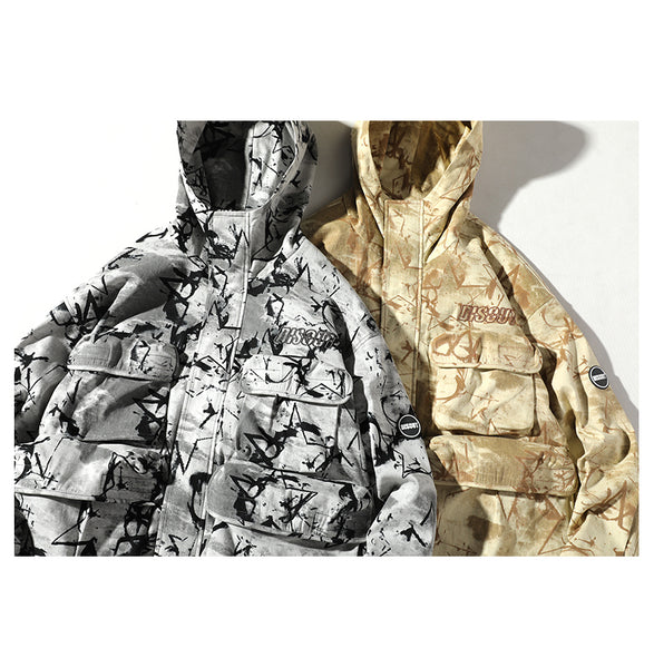 ADAM FREAK VELCRO GRAFFITI DESIGN MULTI POCKET CAMO PRINT HOODED JACKET - boopdo