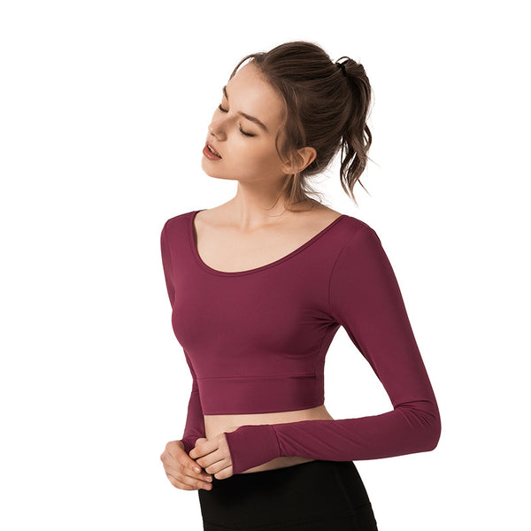 LULU YOGA STYLE WIXO OPEN BACK LONG SLEEVED T SHIRT WITH CHEST PAD - boopdo