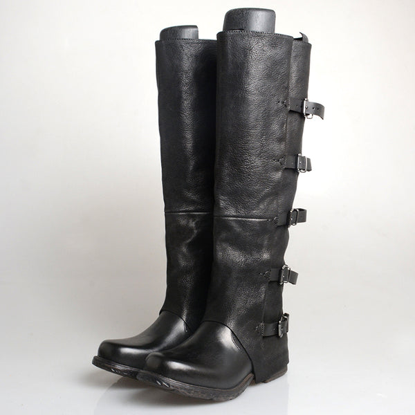 PROVA PERFETTO ROMAN SQUARE TOE KNEE HIGH LEATHER BOOTS IN BLACK - boopdo