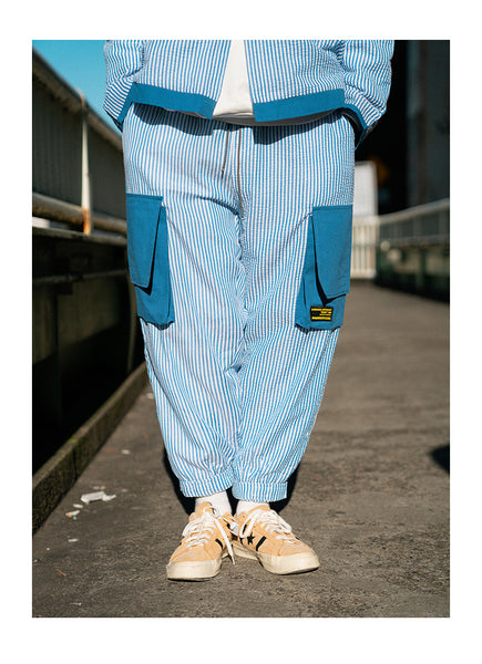 KIKO GORLA STRIPED SEERSUCKER CASUAL JOGGER PANTS IN BLUE - boopdo