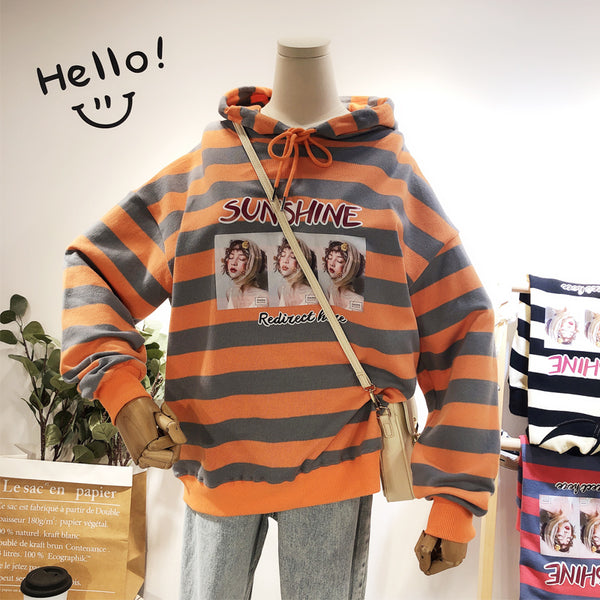 BOOPDO DESIGN VINTAGE STRIPED RELAXED HOODIE WITH PRINT - boopdo