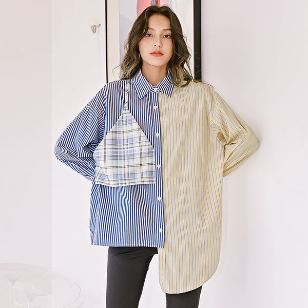 8GIRLS CONTRAST ASYMMETRIC STRIPE PRINT SHIRT - boopdo