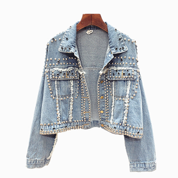 SHILO ROCKO RETRO OLD FASHION STYLE DENIM JEAN WOMEN JACKET WITH RIVET - boopdo