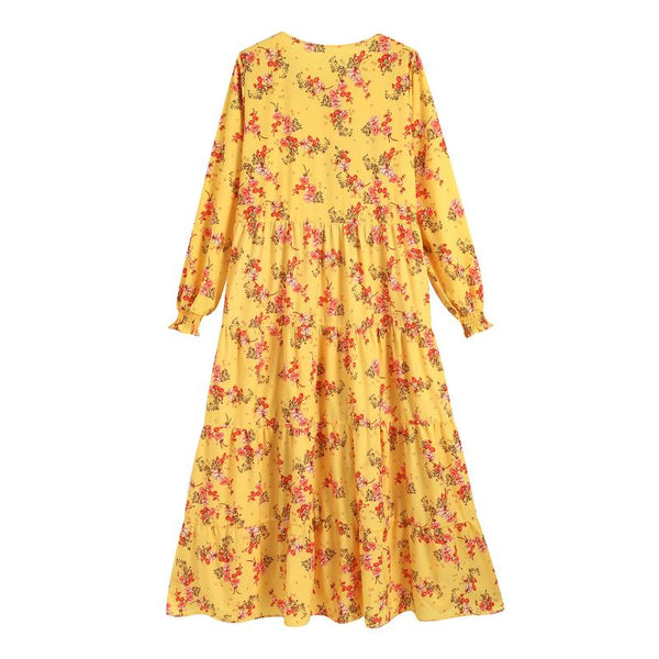 PROPHERE WOMENS FRENCH DESIGN OVER THE KNEE FLORAL DRESS IN YELLOW - boopdo