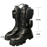 JESSY MARIA BRITISH STYLE CHUNKY PLATFORM LEATHER BOOTS WITH STRAP POCKET IN BLACK - boopdo