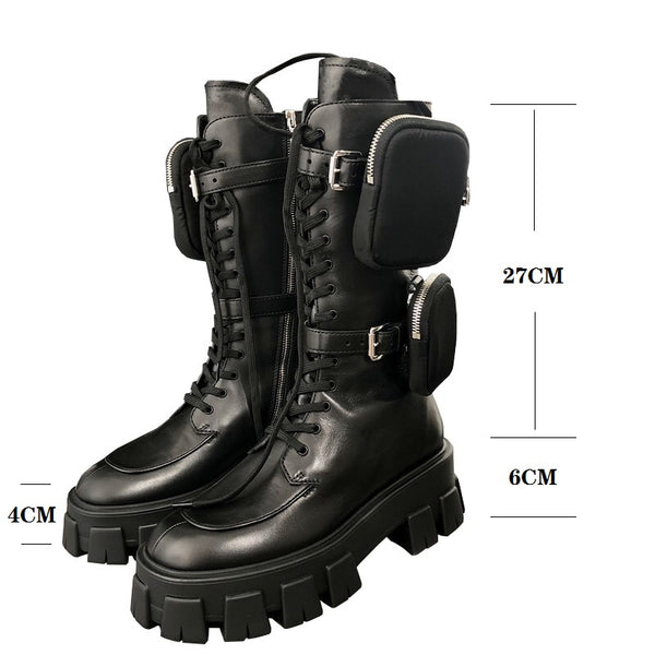 JESSY MARIA BRITISH STYLE CHUNKY PLATFORM LEATHER BOOTS WITH STRAP POCKET IN BLACK - boopdo