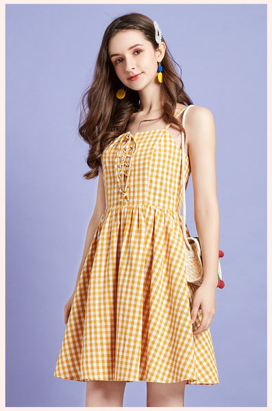 ARTKA LACE UP FRONT MINI SUNDRESS IN YELLOW CHECK - boopdo