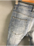 BOOPDO DESIGN AMR BADGE RIPPED WASHED DENIM JEAN PANTS IN BLUE - boopdo