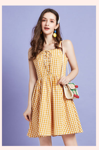 ARTKA LACE UP FRONT MINI SUNDRESS IN YELLOW CHECK - boopdo