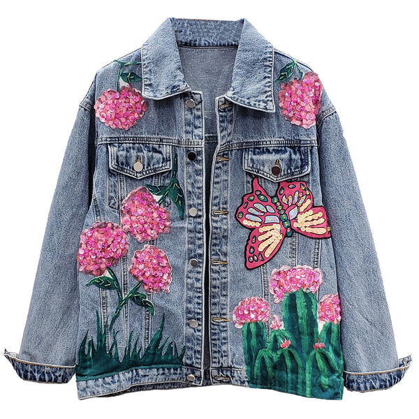 KEAN DENYA GANGO HANDMADE FLOWER BUTTERFLY EMBROIDERED DENIM JEAN COAT - boopdo