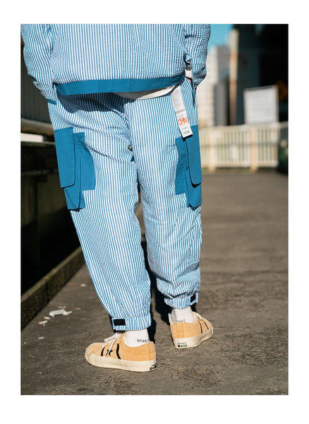 KIKO GORLA STRIPED SEERSUCKER CASUAL JOGGER PANTS IN BLUE - boopdo