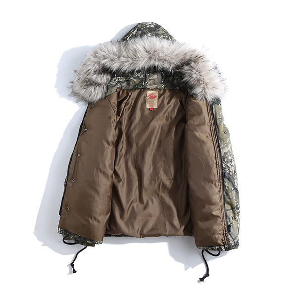 ZAZU PARKAS FAUX FUR COLLAR COTTON MOUNTAIN PRINT HOODED JACKET IN CAMO - boopdo