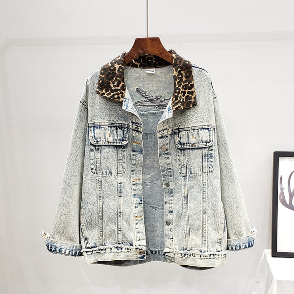 VANESSA JUSSO LEOPARD DETAIL BEADED OLD SCHOOL STYLE DENIM JEAN WOMEN JACKET - boopdo