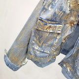 FIMNIN PUFFLO METAL BRONZE DENIM JEAN WOMEN JACKET WITH LARGE POCKET - boopdo